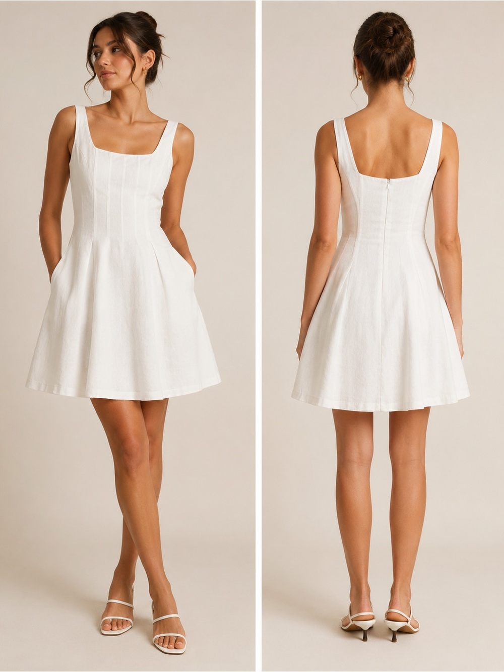 NWT Idem Ditto White Linen Blend Fit & Flare Mini Dress Square Neck Pockets M
